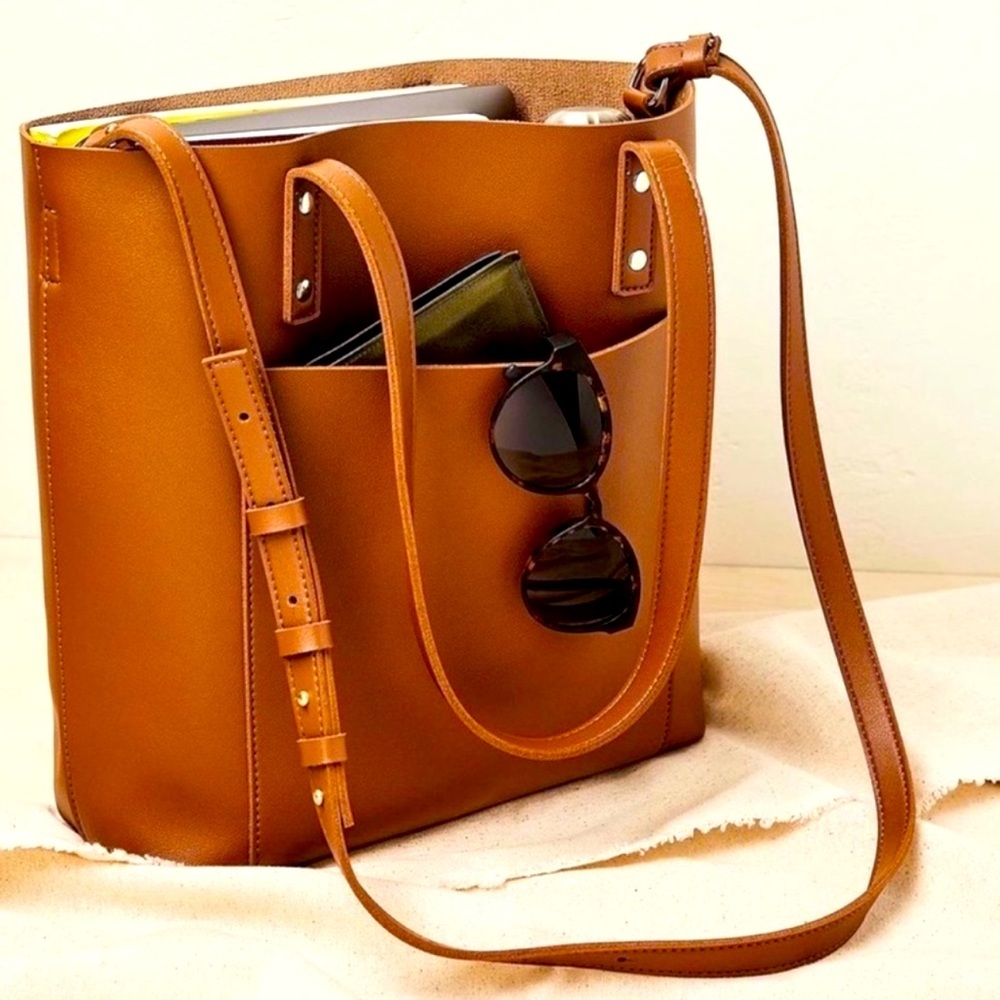 Henny + Lev Vegan Leather Everyday Tote Purse Bag With Long Strap | Tan |